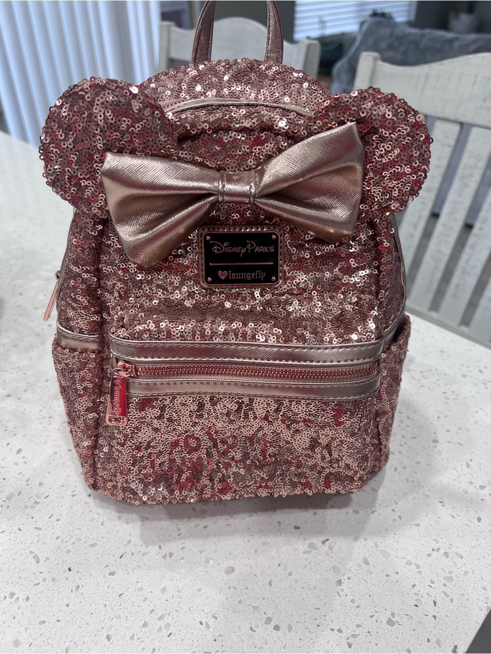 Disney Parks Loungefly Rose Gold Sequin Backpack with Bow and Ears